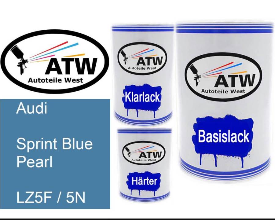 Audi, Sprint Blue Pearl, LZ5F / 5N: 500ml Lackdose + 500ml Klarlack + 250ml Härter - Set, von ATW Autoteile West.